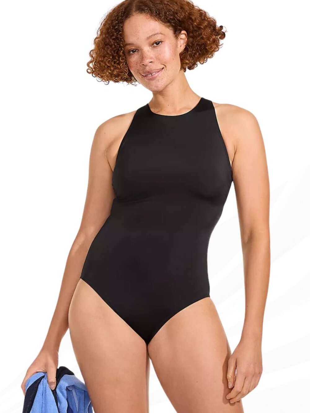NWT Lands' End Black High Neck Swimsuit Keyhole Back 10DD